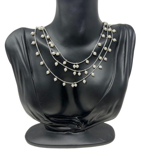 Anne Klein Chain with Faux Pearl Stations‎ Silver Tone Multi Strand Necklace - Picture 1 of 7
